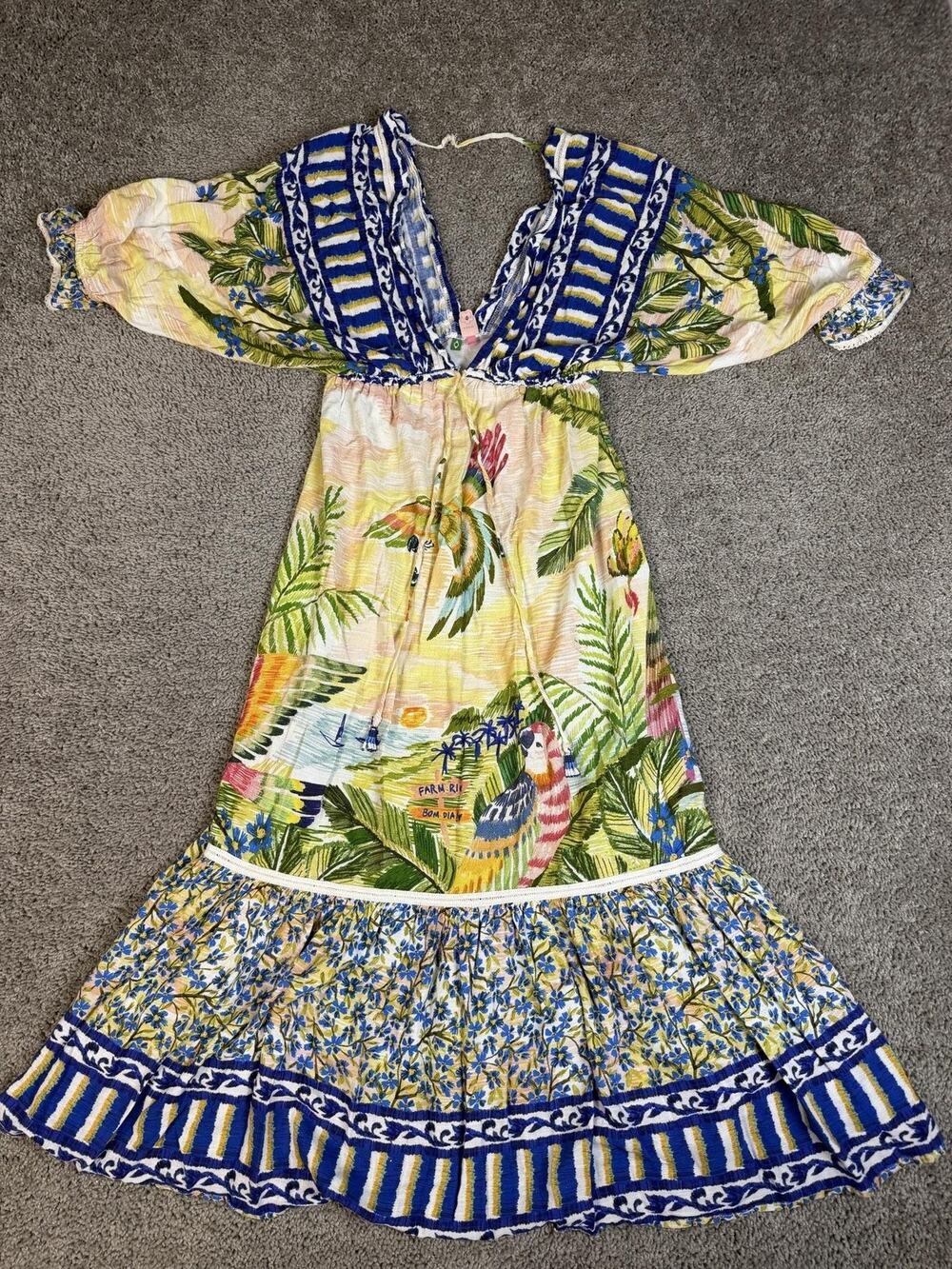 Farm Rio Dress Womens S Multicolor Floral Maxi Sundress V-Neck Smocked Ruffle